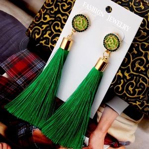 Rose Flower Long Tassel Earrings Green